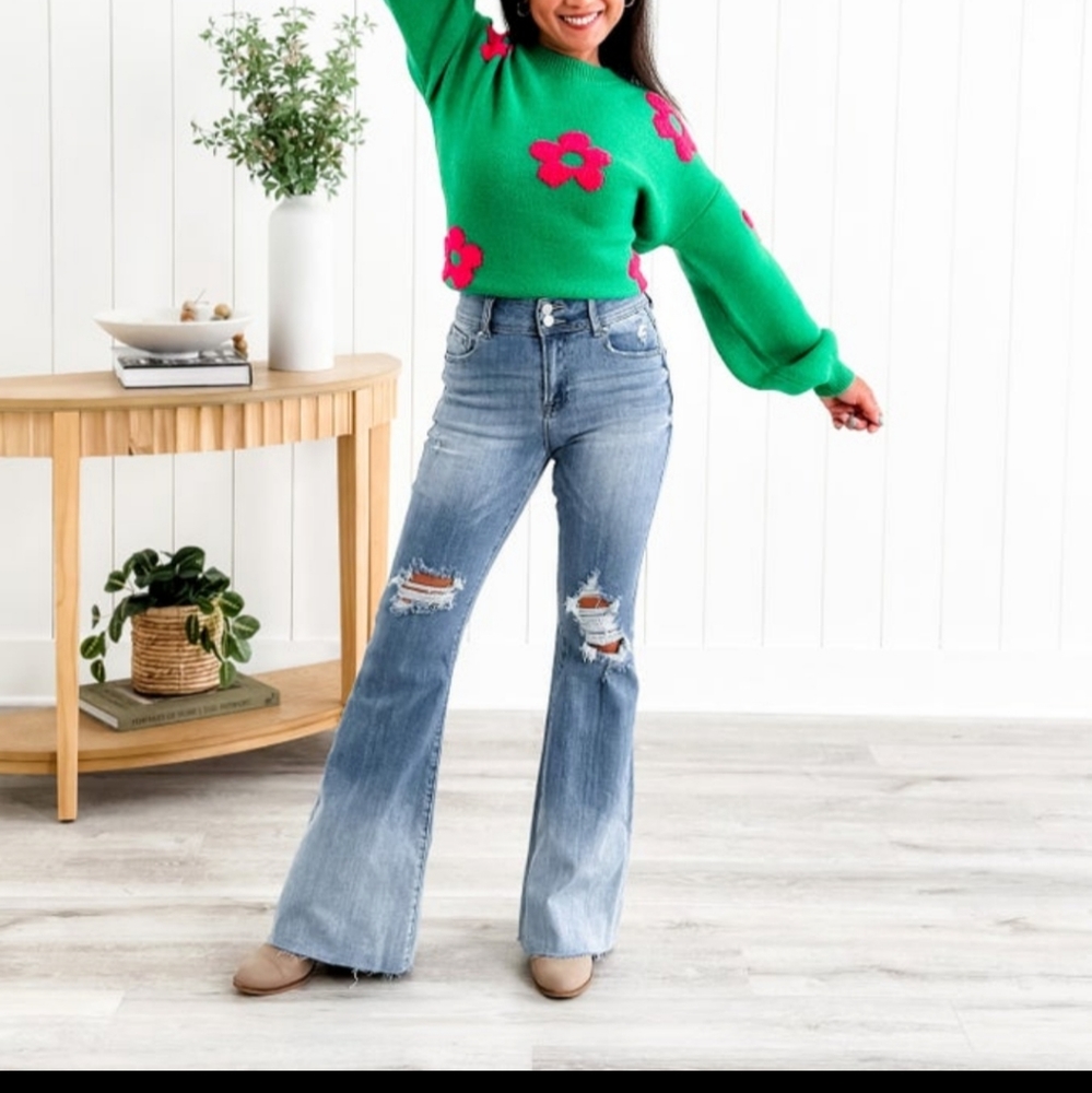 Risen medium wash high rise ombre wide flare jeans